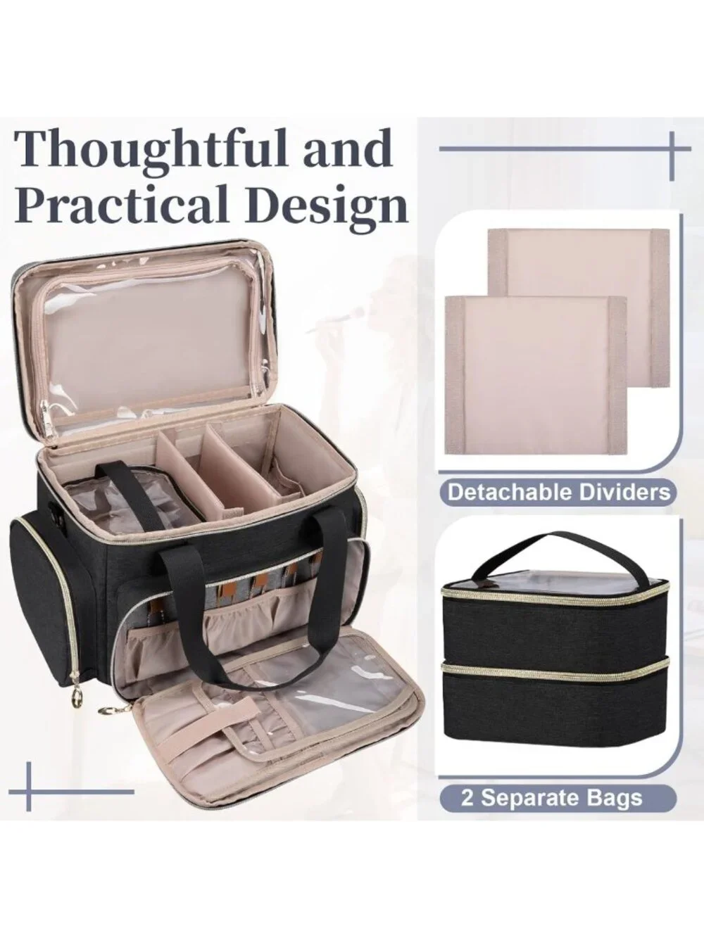 Spacious Travel Makeup Organizer Bag with Removable Pouches & Dividers - Black